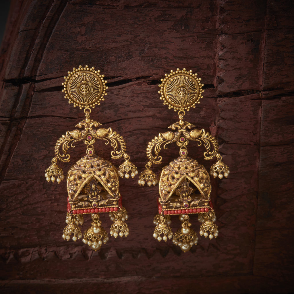 Antique Gold Temple Earrings by Navrathan Jewellers