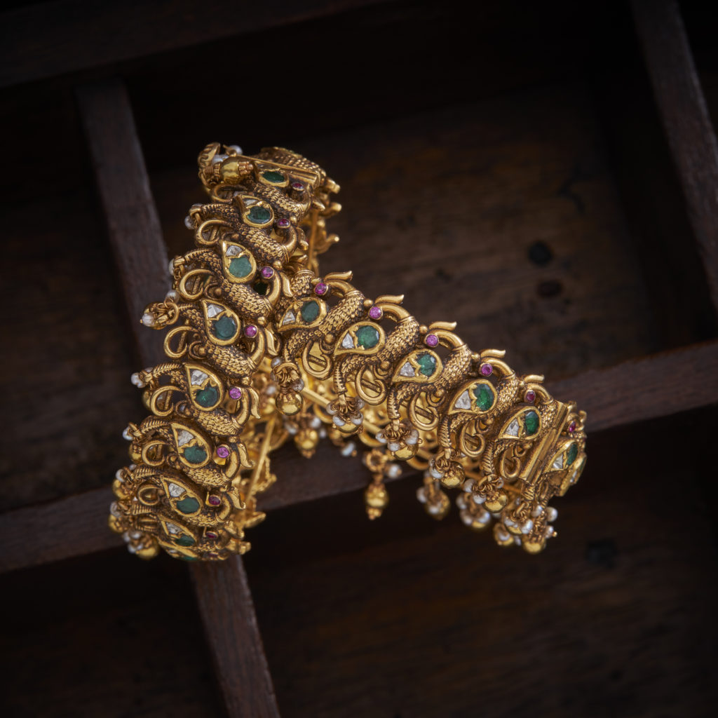 Antique Peacock Traditional Gold Bangles with Ruby and Emerald - Navrathan