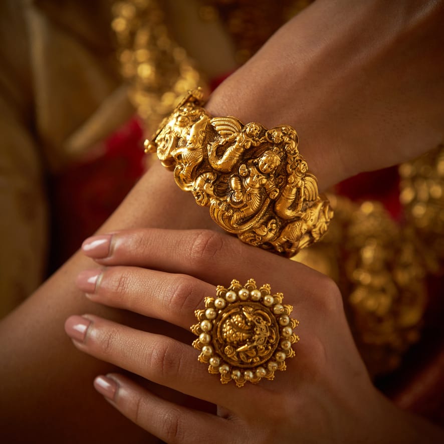 Antique Temple Gold Bangle Design And Ring - Navrathan