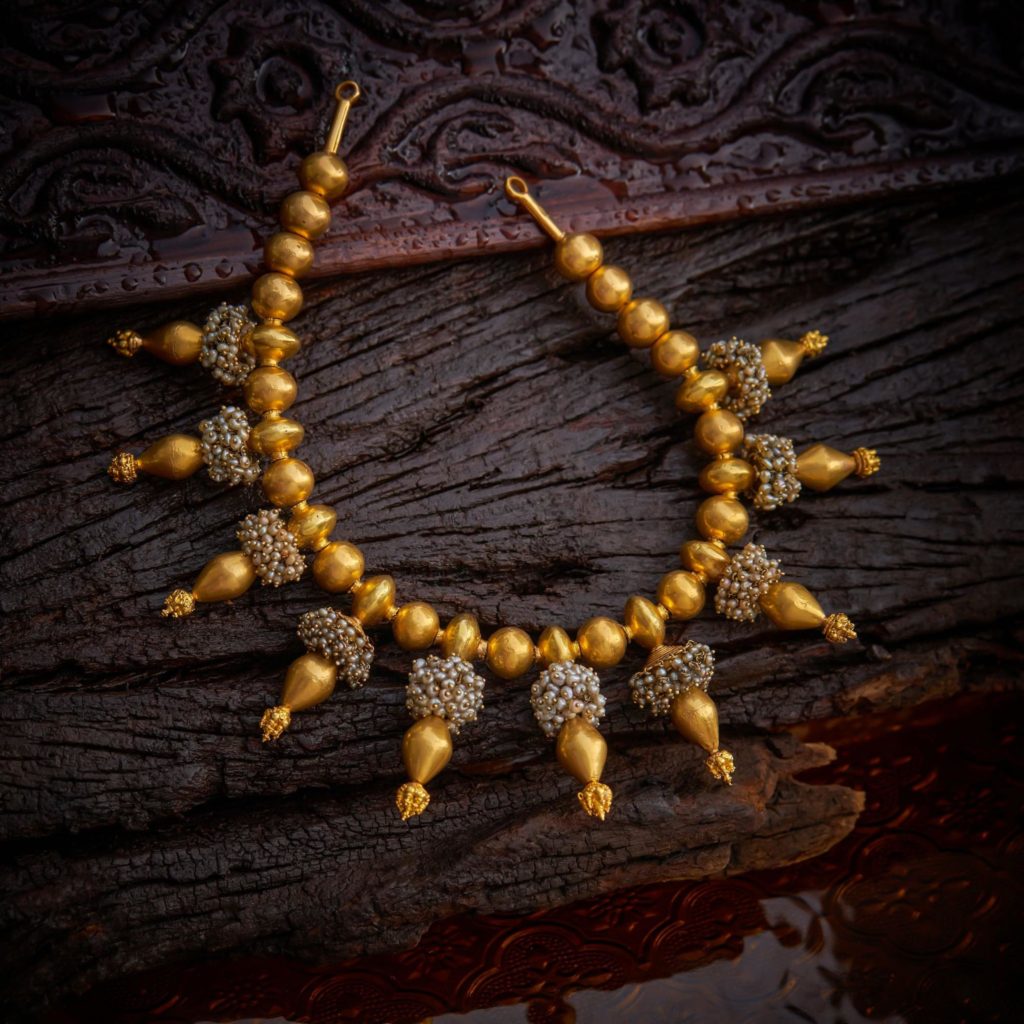 Gundu Antique Necklace with Pearl Bunch - Navrathan Jewellers
