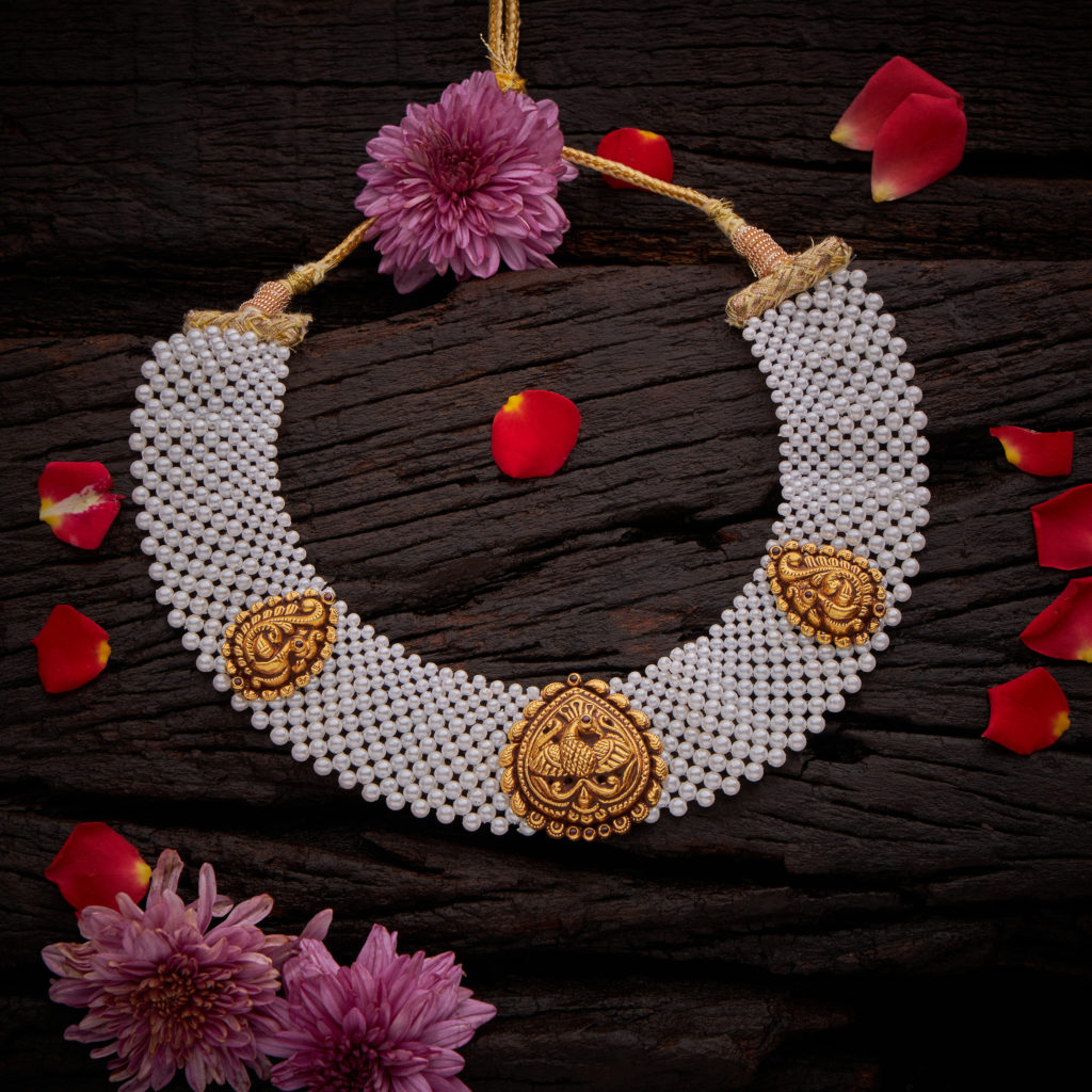 White Pearl and Gold Peacock Necklace Jewellery for Navratri