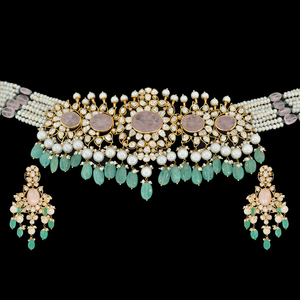 Antique Studded Polki Choker Necklace Set - Kundan Polki Wedding Jewellery Set