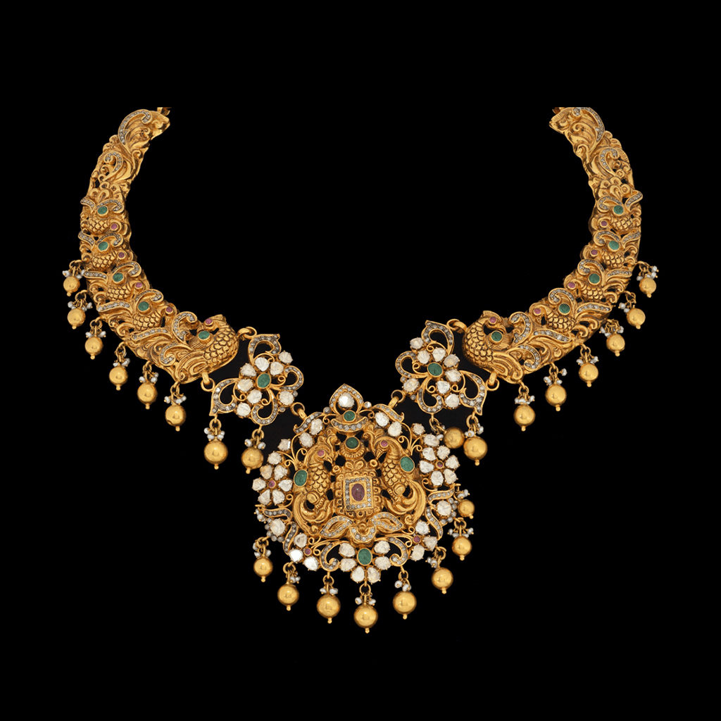 Royal Gold Peacock Polki Necklace - Temple Gold Necklace Designs