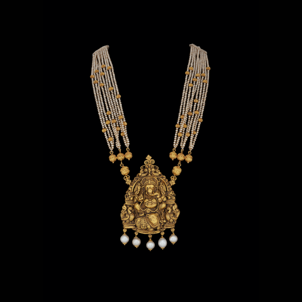 Antique Ganesh Pendant Necklace With Pearl Beads- Antique Jewellery Designs in Gold