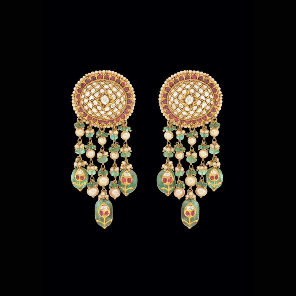 Antique Gold Drop Earrings Jhumka with Emerald Beads Polki Ruby - antique gold jewelry